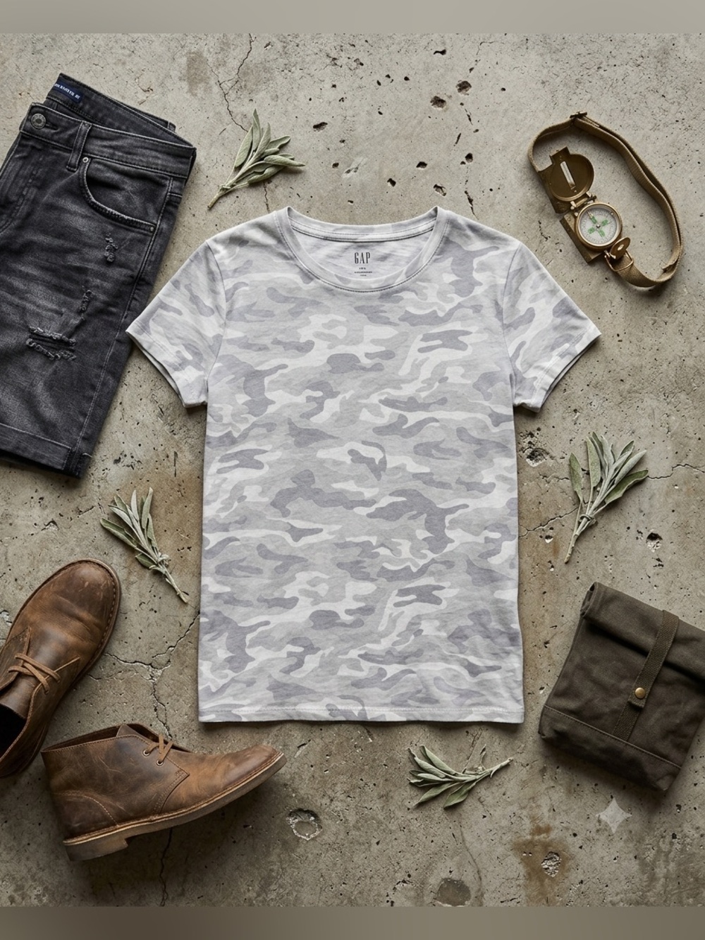 Gap Gray Camo "Favorite T" Modal Blend Crew Neck Tee